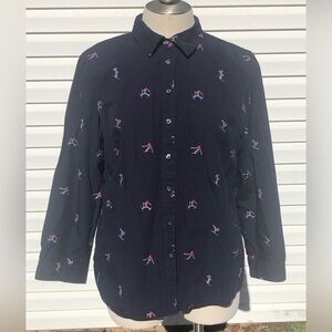 Talbots Size Large Petite Long Sleeve Navy w/Skiing People Button Down Shirt